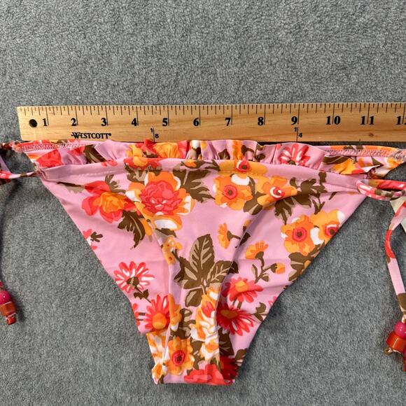 Aerie Floral Ruffle Beaded Tie Bikini Cheeky Bottoms Size Small Pink Orange New - Picture 5 of 10